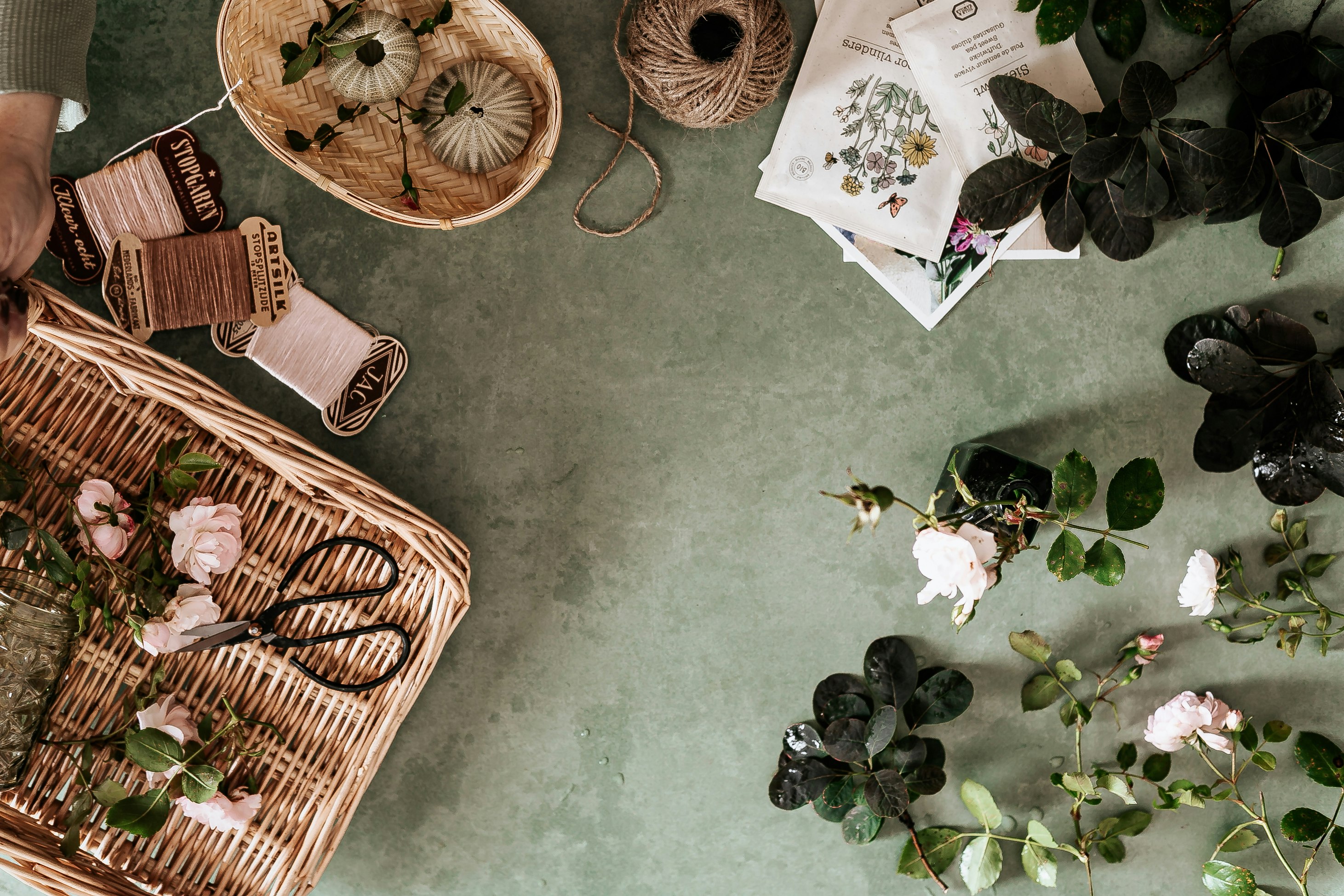 brown woven basket on gray floor